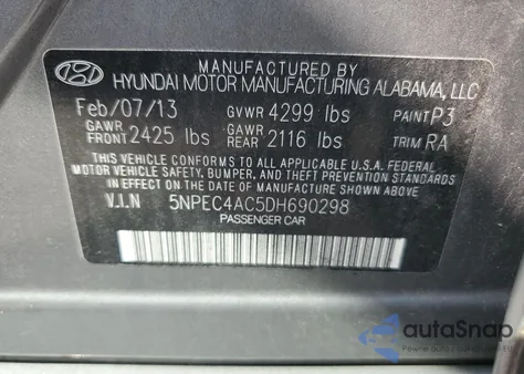 2013 Hyundai Sonata Se z USA, uszkodzony, nr VIN 5NPEC4AC5DH690298